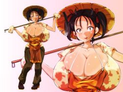  apron black_hair breasts brown_hairs cleavage cow_girl cow_girl_(hataraki) curvy farmer female female gigantic_breasts gloves hat hataraki_ari hips hoe horns original pants shirt shoes simple_background solo staff standing straw_hat twintails wide_hips worktool yellow_eyes 