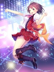  :d andou_hitomi banned_artist boots brown_eyes brown_hair ilog mana_kakkowarai official_art open_mouth outstretched_arm plaid plaid_skirt short_hair skirt smile solo teeth watermark web_address 