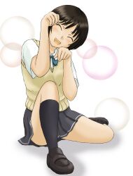  ^_^ amagami bob_cut brown_hair closed_eyes commentary_request convenient_leg female grey_skirt head_tilt kamosikayasyamoji kibito_high_school_uniform paw_pose pleated_skirt school_uniform short_hair short_sleeves sitting skirt smile solo sweater_vest tachibana_miya 