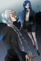  2boys androgynous blue_eyes blue_hair commentary_request crossdressing delinquent gekkoukan_high_school_uniform grey_eyes grey_hair gun jacket legs long_hair multiple_boys narukami_yuu otoko_no_ko penta persona persona_3 persona_4 photoshop_(medium) polearm ribbon school_uniform serafuku shoes skirt sukeban twintails weapon wig yuuki_makoto_(persona_3) 