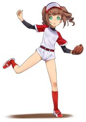  :o a1_(initial-g) baseball baseball_cap baseball_jersey baseball_mitt baseball_uniform belt brown_hair female full_body green_eyes hat idolmaster idolmaster_(classic) jersey leg_lift looking_at_viewer outstretched_arms photoshop_(medium) pitching playing_sports raglan_sleeves red_socks shoes shorts simple_background socks solo sportswear spread_arms spread_legs standing standing_on_one_leg takatsuki_yayoi twintails white_background white_shorts 