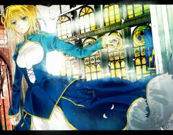  ahoge artoria_pendragon_(fate) bad_id bad_pixiv_id blonde_hair dress fate/stay_night fate_(series) female green_eyes hair_ribbon hand_on_hilt invisible_air_(fate) letterboxed monkgooii ribbon saber_(fate) solo 