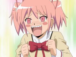  :d blush blush_stickers bow clenched_hands commentary_request danshi_koukousei_no_nichijou excited female hair_ribbon kaname_madoka mahou_shoujo_madoka_magica mahou_shoujo_madoka_magica_(anime) mitakihara_school_uniform open_mouth parody pink_eyes pink_hair ribbon ringo-chan_(danshi_koukousei) school_uniform shirosato short_twintails smile solo style_parody twintails voice_actor_connection yuuki_aoi 