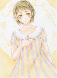  bad_id bad_pixiv_id blonde_hair blush colored_pencil_(medium) corrupted_metadata dress female flower green_eyes green_hair hair_flower hair_ornament huang_baoling juliejulie marker_(medium) short_hair solo tiger_&amp;_bunny traditional_media 