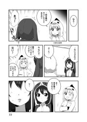  2girls 7001 animal_costume chicken_costume closed_eyes commentary_request furutani_himawari greyscale monochrome multiple_girls one_eye_closed oomuro_sakurako open_mouth rabbit_costume translation_request yuru_yuri 