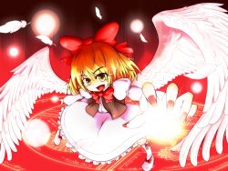  armband blonde_hair bow bowtie commentary_request danmaku dress energy_ball feathers female fingernails foreshortening frills gengetsu_(touhou) hairbow highres janas kneehighs light long_sleeves looking_at_viewer magic_circle nail_polish open_mouth outstretched_arms puffy_sleeves reaching red_background ribbon shoes short_hair socks solo tongue touhou touhou_(pc-98) vest white_dress white_socks wings yellow_eyes 