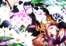  bad_id bad_pixiv_id brown_hair dress female flower garter_straps glowing_flower gradient_hair hijiri_byakuren lily_pad long_hair lotus lying melon3 multicolored_hair open_mouth photoshop_(medium) pink_flower purple_hair solo touhou white_flower 