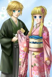  blonde_hair blue_eyes japanese_clothes kimono komono link pixiv_thumbnail pointy_ears princess_zelda resized skyward_sword the_legend_of_zelda the_legend_of_zelda:_skyward_sword yuino_(fancy_party) 