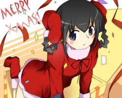  ayukawa_tenri black_hair blue_eyes blush_stickers boots bow christmas confetti female fur_trim hair_rings hairbow kami_nomi_zo_shiru_sekai merry_christmas red_skirt santa_costume short_hair skirt solo streamers trefle_r 