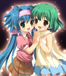  2girls akiba_hideki alien blue_hair brown_eyes dress green_eyes green_hair hand_holding highres klan_klein long_hair macross macross_frontier meltrandi multiple_girls necktie ranka_lee short_hair skirt sleeveless young younger zentradi 