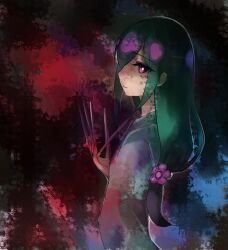  canking commentary dress female fingernails flower green_hair grey_kimono japanese_clothes katanagatari kimono long_fingernails photoshop_(medium) pink_eyes solo yasuri_nanami 