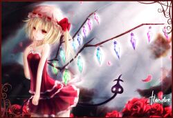  alternate_costume alternate_wings bad_id bad_pixiv_id bare_shoulders blonde_hair character_name dress female flandre_scarlet flower hat laevatein_(touhou) petals red_eyes rose short_hair side_ponytail solo touhou wangchuan_de_quanyan wings 