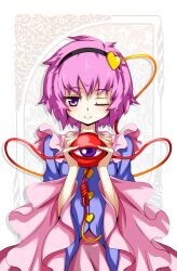  commentary_request eyeball female hairband heart hong_(white_spider) komeiji_satori one_eye_closed photoshop_(medium) pink_eyes pink_hair purple_eyes short_hair smile solo third_eye touhou upper_body 