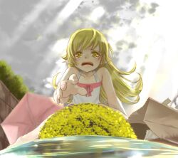  bare_shoulders blonde_hair commentary_request doughnut female food long_hair md5_mismatch monogatari_(series) nasuo224 nisemonogatari oshino_shinobu solo yellow_eyes 