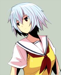  bad_id bad_pixiv_id ben-tou blue_hair expressionless female green_background kichihachi looking_away photoshop_(medium) red_eyes school_uniform short_hair simple_background solo sweater_vest upper_body yarizui_sen 