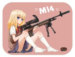  battle_rifle bipod blonde_hair blue_eyes blush bow bowtie chestnut commentary_request female gun highres m14 m14_(upotte!!) rifle school_uniform scope sitting skirt smile sniper_rifle socks solo sweater_vest takio upotte!! weapon 