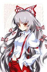  bow commentary_request dress_shirt female fujiwara_no_mokou grey_hair hairbow hands_in_pockets hong_(white_spider) long_hair navel photoshop_(medium) red_eyes shirt smile solo suspenders touhou very_long_hair 