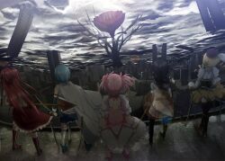  5girls akemi_homura akemi_homura_(magical_girl) alternate_universe ankle_boots argyle_clothes argyle_legwear arm_up bad_id bad_pixiv_id black_hair blonde_hair blue_hair boots bow bow_(weapon) braid bubble_skirt building cape city cityscape cloud destruction detached_sleeves dress drill_hair footwear_ribbon frilled_dress frilled_skirt frills from_behind gun hair_ornament hair_ribbon hairbow handgun heart high_heels highres holding kaname_madoka kaname_madoka_(magical_girl) katana kneehighs lens_flare long_hair long_sleeves magical_girl magical_musket mahou_shoujo_madoka_magica mahou_shoujo_madoka_magica_(anime) miki_sayaka miki_sayaka_(magical_girl) miniskirt multiple_girls neck_ribbon outdoors photoshop_(medium) pink_hair polearm puffy_sleeves red_hair ribbon ryouma_(galley) sakura_kyoko sakura_kyoko_(magical_girl) shoes short_hair short_sleeves skirt sky skyscraper sleeveless socks spear spoilers sword thigh_boots thighhighs tomoe_mami tomoe_mami_(magical_girl) twin_braids twin_drills twintails very_long_hair walpurgisnacht_(madoka_magica) weapon white_legwear wind witch_(madoka_magica) 