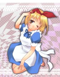  :o alice_(alice_in_wonderland) alice_(alice_in_wonderland)_(cosplay) alice_in_wonderland annaka_haruna apron barefoot blonde_hair bow commentary_request cosplay dress female frills fukiya_(hanafuki) hairbow head_tilt looking_at_viewer nichijou one_eye_closed photoshop_(medium) ribbon seiza short_hair short_sleeves sitting solo yellow_eyes 