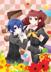  2girls black_legwear blue_eyes blue_hair brown_eyes cake cake_slice checkerboard_cookie commentary_request cookie doughnut earrings english_text flower food heart houndstooth jewelry k-a-i kujikawa_rise macaron multiple_girls persona persona_4 pleated_skirt red_hair school_uniform shirogane_naoto skirt star_(symbol) thighhighs thumbprint_cookie twintails unmoving_pattern 