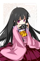  black_hair commentary_request covering_own_mouth female handheld_game_console hong_(white_spider) houraisan_kaguya long_hair photoshop_(medium) pink_eyes playstation_portable solo touhou 