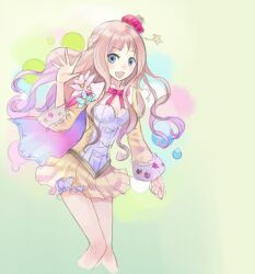  arched_crown atelier_(series) atelier_meruru bare_legs bloomers blue_eyes bow cape commentary_request crown female half_updo long_hair merurulince_rede_arls multicolored_cape multicolored_clothes pink_hair red_bow red_crown ribbon smile solo tadokoro_teppei tilted_headwear underwear white_bloomers 