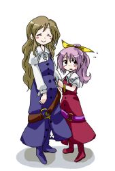  2girls ^_^ aged_down belt blush bow bracelet brown_hair closed_eyes commentary_request dress dress_shirt hair_ribbon hairbow jewelry light_purple_hair lolicon multiple_girls no_headwear ponytail red_eyes ribbon shirt siblings sisters smile touhou unya watatsuki_no_toyohime watatsuki_no_yorihime 