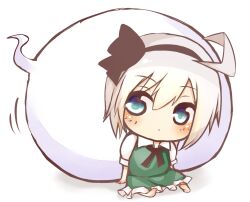  :&lt; black_hairband blue_eyes chibi commentary_request dress female hairband hitodama konpaku_youmu konpaku_youmu_(ghost) sitting solo tosura-ayato touhou white_hair 