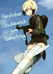  ammunition_belt bad_id bad_pixiv_id belt dog_girl dog_tail erica_hartmann female german_text gun happy_birthday military military_uniform mp40 no_pants panties sam_browne_belt shibafu_(glock23) solo strike_witches striker_unit submachine_gun tail translated underwear uniform weapon world_witches_series 