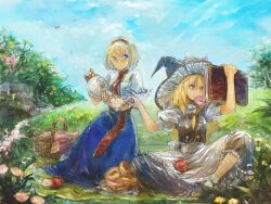  2girls alice_margatroid apple apron bad_id bad_pixiv_id blonde_hair blue_eyes bow braid capelet commentary_request cup doughnut flower food fruit hairband hairbow hat kasudaao kirisame_marisa long_hair mouth_hold multiple_girls picnic picnic_basket pot pouring reading short_hair single_braid sitting teacup touhou waist_apron witch_hat yellow_eyes 