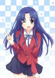  ;d blue_hair commentary_request female kamon_(shinshin) kawashima_ami long_hair one_eye_closed oohashi_high_school_uniform open_mouth photoshop_(medium) purple_eyes school_uniform smile toradora! 