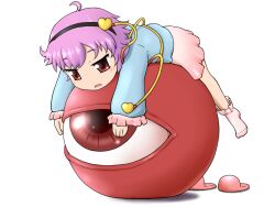  blush_stickers commentary_request female hairband heart komeiji_satori lying on_stomach open_mouth pink_hair red_eyes shirosato shirt shoes short_hair skirt slippers solo third_eye touhou unworn_shoes 