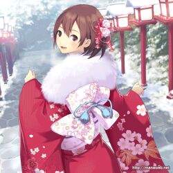  :d ^_^ andou_hitomi animated animated banned_artist blinking blush brown_eyes brown_hair closed_eyes flower hair_flower hair_ornament ilog japanese_clothes kimono mana_kakkowarai official_art open_mouth smile solo stairs watermark web_address 