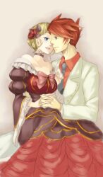  1boy aokiri_(dolce) bad_id bad_pixiv_id beatrice_(umineko) blonde_hair blue_eyes bow choker dress female flower formal hair_flower hair_ornament highres holding_hands interlocked_fingers necktie pink_bow red_hair ribbon rose suit umineko_no_naku_koro_ni ushiromiya_battler 