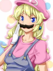  blonde_hair blue_eyes commentary_request cosplay earrings facial_hair female gloves hat jewelry long_hair mario mario_(cosplay) mario_(series) moustache overalls princess_peach solo sphere_earrings upper_body yassy_(yasikoz2008) 