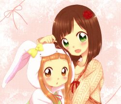  2girls :d animal_costume blonde_hair bow brown_eyes brown_hair collarbone commentary_request cosplay flower green_eyes hair_flower hair_ornament ichihara_nina idolmaster idolmaster_cinderella_girls kigurumi looking_at_viewer maekawa_miku multiple_girls oerba_yun_fang open_mouth rabbit_costume sa_ioio smile 