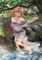  bare_legs bare_shoulders barefoot bird blonde_hair breasts canine cleavage collarbone commentary dappled_sunlight dress female from_above grass green_eyes headband highres ks_(xephyrks) long_hair looking_to_the_side medium_breasts nature open_mouth original outstretched_arm photoshop_(medium) river rock see-through see-through_dress shade sitting smile soaking_feet solo sunlight tree tree_shade water white_dress 