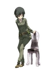  belt belt_pouch black_eyes black_hair boots chair commentary_request female formal highres kino_(kino_no_tabi) kino_no_tabi kotoba_(kotobato) pouch reverse_trap short_hair solo suit 