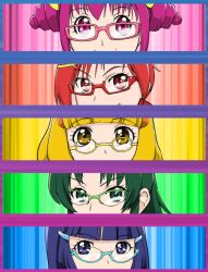  5girls aoki_reika aqua-framed_eyewear bespectacled blue_background blue_border blue_eyes blue_hair blunt_bangs border color_coordination column_lineup commentary_request crossover drill_hair eye_focus eyelashes glasses gradient_border green-framed_eyewear green_background green_eyes green_hair hino_akane_(smile_precure!) hoshizora_miyuki looking_at_viewer midorikawa_nao multiple_girls over-rim_eyewear persona persona_4 persona_eyes pink-framed_eyewear precure purple_border purple_eyes purple_hair rectangular_eyewear red-framed_eyewear red_background red_eyes red_hair round_eyewear season_connection semi-rimless_eyewear smile_precure twin_drills ueyama_michirou under-rim_eyewear yayoi_kise yellow-framed_eyewear yellow_background yellow_eyes 