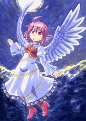  :&lt; acrylic_paint_(medium) ahoge alternate_costume alternate_wings animal_ears blue_background commentary_request dress feathered_wings female flying high_heels kawachi_koorogi long_sleeves mystia_lorelei night no_headwear painting_(medium) pink_eyes red_footwear shoes short_hair solo touhou traditional_media white_dress wings 