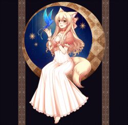  animal_ears barefoot bird blonde_hair brown_eyes commentary_request dress feet female fox_ears fox_tail konshin long_hair original solo tail 