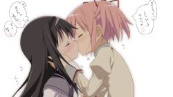  akemi_homura banned_artist closed_eyes couple hair_ribbon hairband hands_on_another&#039;s_face heart kaname_madoka kissing long_hair long_sleeves magical_girl mahou_shoujo_madoka_magica moritan multiple_girls pink_hair ribbon school_uniform short_hair short_twintails tears translated twintails yuri 