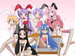  6+girls animal_ears black_hair blonde_hair blue_eyes blue_hair blush breasts bunny_girl bunny_tail bunnysuit cleavage glasses green_eyes hiiragi_kagami hiiragi_tsukasa izumi_konata kobayakawa_yutaka long_hair lucky_star multiple_girls patricia_martin pink_hair purple_eyes purple_hair red_eyes red_hair smile tail takara_miyuki tamura_hiyori 