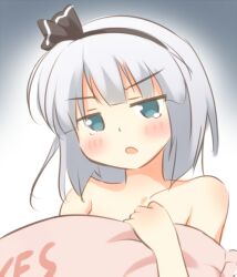  aqua_eyes bare_shoulders black_hairband blush commentary_request female hairband jitome konpaku_youmu open_mouth pillow ran_(9ens2000) short_hair solo tears touhou white_hair yes yes-no_pillow 