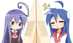  2girls :&lt; =_= ^^^ acchi_kocchi ahoge arcade arcade_cabinet ascot commentary_request crossover izumi_konata long_hair look-alike lucky_star miniwa_tsumiki mole mole_under_eye multiple_girls neckerchief onatasan pink_ascot pink_neckerchief ryouou_school_uniform school_uniform serafuku sweatdrop 