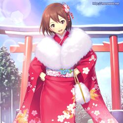  ^_^ andou_hitomi animated animated banned_artist blinking brown_eyes brown_hair closed_eyes day flower hair_flower hair_ornament hands_on_hips ilog japanese_clothes kimono mana_kakkowarai official_art sky smile solo torii watermark web_address 