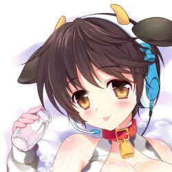  animal_ears animal_print bare_shoulders bell black_hair blush bottle breasts brown_eyes collar commentary_request cow_ears cow_girl cow_horns cow_print cowbell fake_animal_ears female gloves headset horns idolmaster idolmaster_cinderella_girls milk_bottle neck_bell oikawa_shizuku photoshop_(medium) pink_gloves rei_(rei&#039;s_room) short_hair solo tongue tongue_out upper_body 