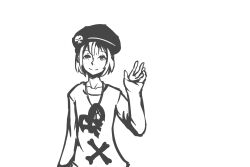  beanie bell bitou_raimu drawfag female greyscale hat heart highres imageboard_desourced jewelry monochrome necklace non-web_source short_hair skull_and_crossbones solo subarashiki_kono_sekai waving 