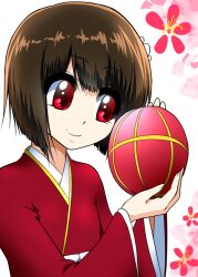  bad_id bad_pixiv_id ball brown_hair female japanese_clothes kimono mattari_yufi original red_eyes red_kimono short_hair smile solo temari_ball upper_body wide_sleeves 