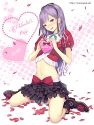  banned_artist blush box crop_top flower gift hairband happy_valentine heart heart-shaped_box holding holding_gift ilog mana_kakkowarai midriff navel official_art petals purple_hair red_eyes red_flower red_rose rose sitting skirt smile solo valentine wada_karin wariza watermark web_address 